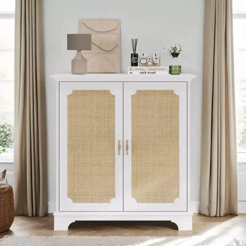 MAYEERTY Sideboard Buffet Storage Cabinet with Rattan Decorated Doorss Cupboard Console Table for Living Room Kitchen Wihte Beige