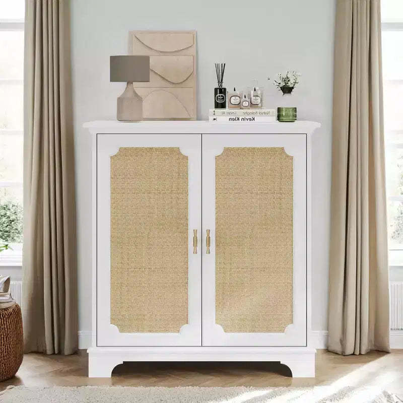 MAYEERTY Sideboard Buffet Storage Cabinet with Rattan Decorated Doorss Cupboard Console Table for Living Room Kitchen Wihte Beige