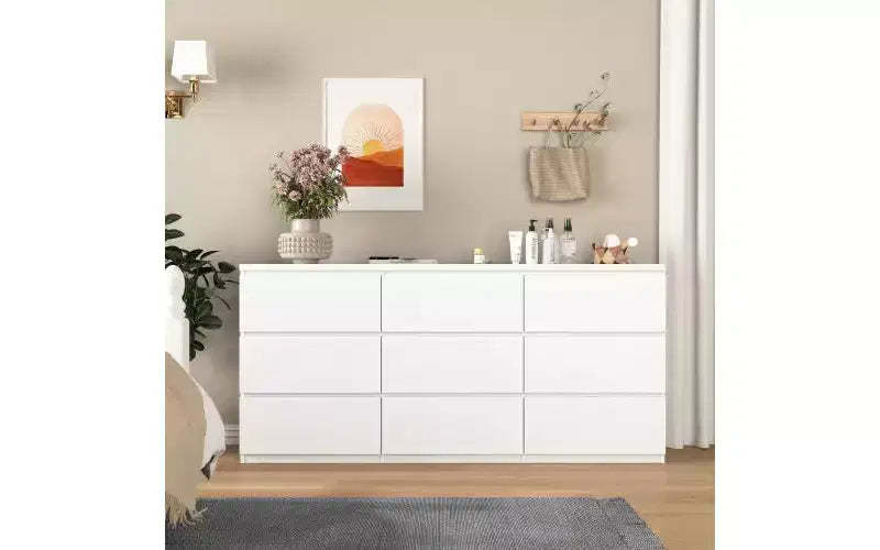 JVNOXK 63-inch Spacious Modern Handle-Free Nine-Drawer Cabinet; Wooden Storage Cabinet, Suitable for Living Room or Bedroom, White