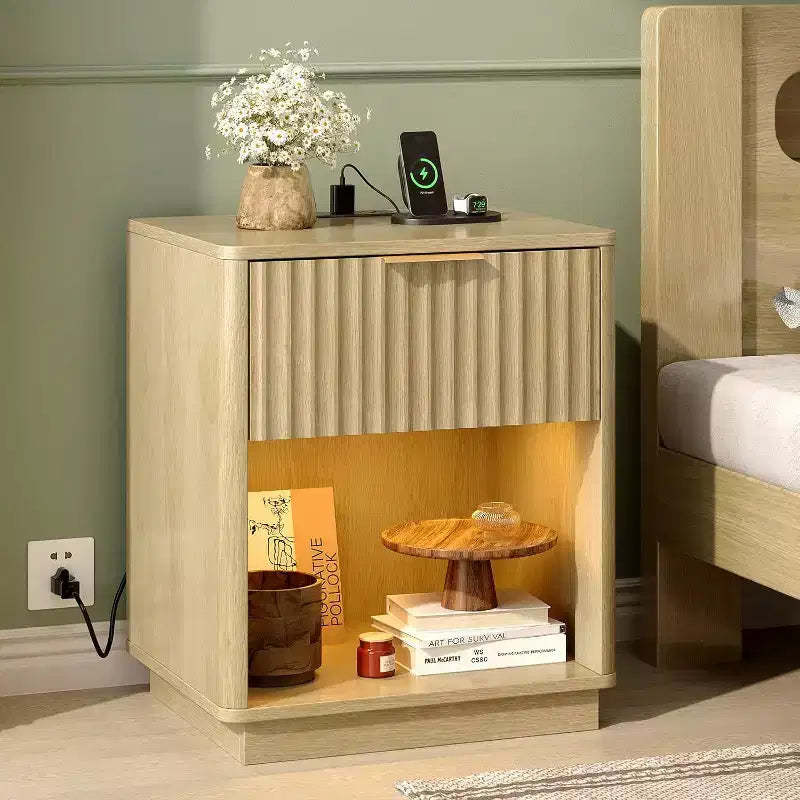 VINGLI Nightstand with Charging Station, LED Nightstand set of 2 ,19 W Mid Century Modern Night Stand for Bedroom, Fluted Bed Side Table