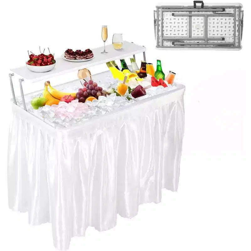 Foldable Kids Ice Cream Cooling Table with Storage & Drain  Outdoor Drink Cooler for Parties,Camping,Picnic,BBQ,WeddingSelf-Service Bar, with Skirt