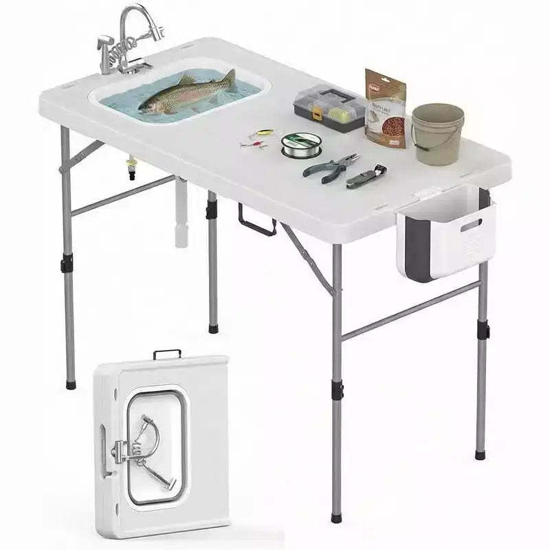 Folding Fish Cleaning Table with Sink & Hose Hookup, 50 Outdoor Camping Sink Table Portable for Fishing, Hunting, RV, Backyard