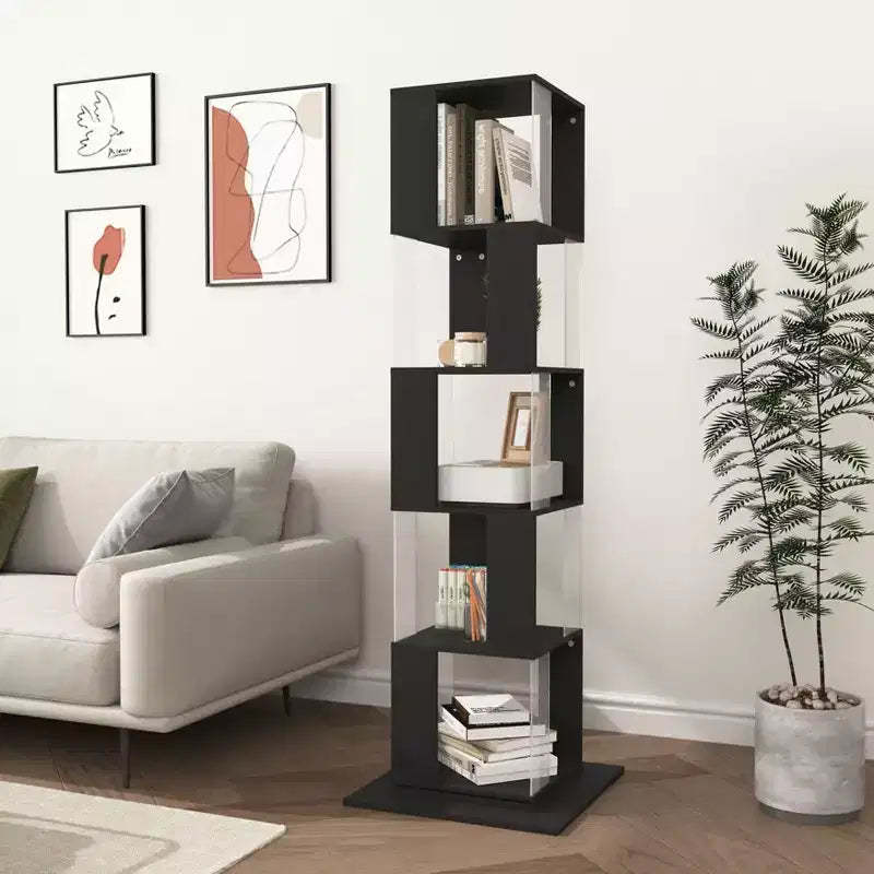JVNOXK 360 Rotating Acrylic Modern Bookshelf, 5-Tier Floor-Standing Minimalist Bookcase, Suitable for Living Room or Bedroom, Black