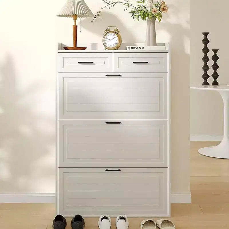 Shoe Cabinet, White Hidden Wood Shoe Storage Cabinet with 2 Drawers & 3 Flip Drawers, Narrow Shoe Rack