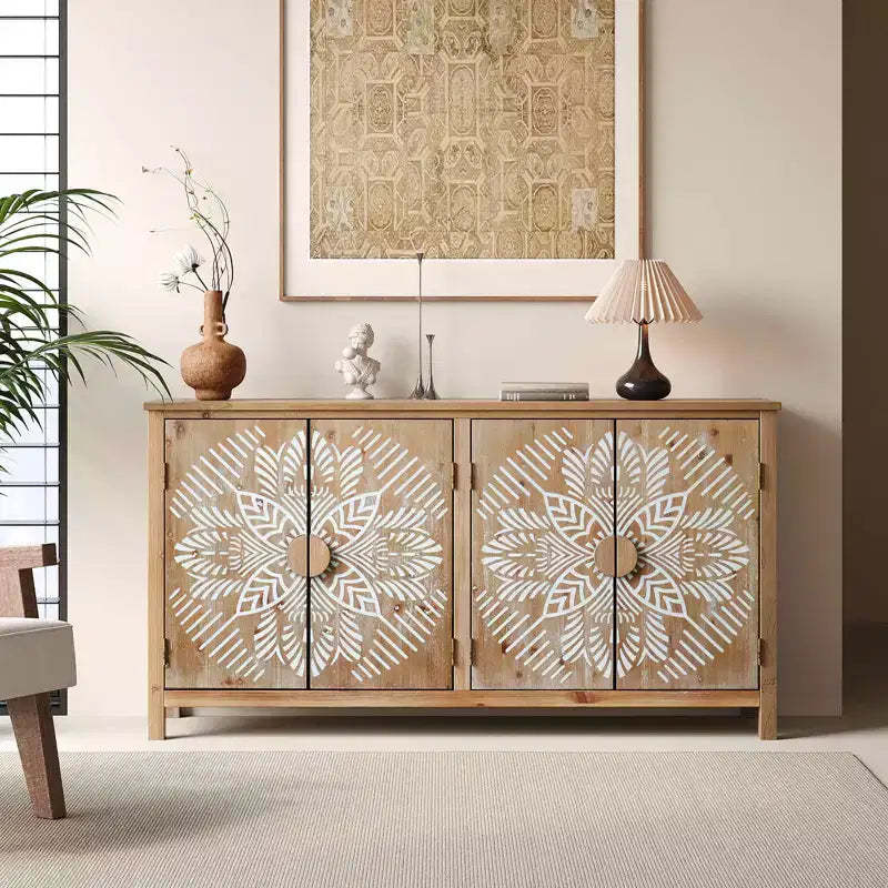 MAYEERTY 60 Wood Accent Cabinet with 4 Doors Brown and Antique White Modern Pantry Cabinet for Living Room Bedroom