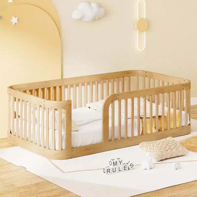 Bellemave Kids Twin & Full Size Floor Bed Frames with Safety Fence, Solid Pine & MDF, Rounded Corners, Sturdy DIY Assembly, White & Natural Finish