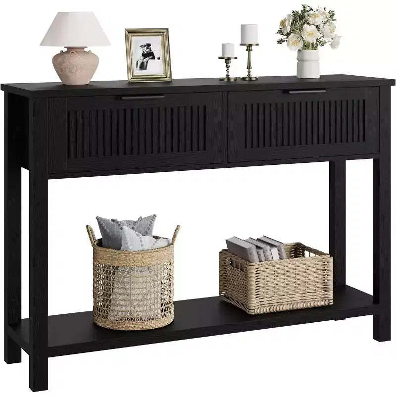 Modern Fluted Console Table with 2 Drawers  Narrow wooden side table, 2-tier, plenty of storage space,for living room, hallway & entrance