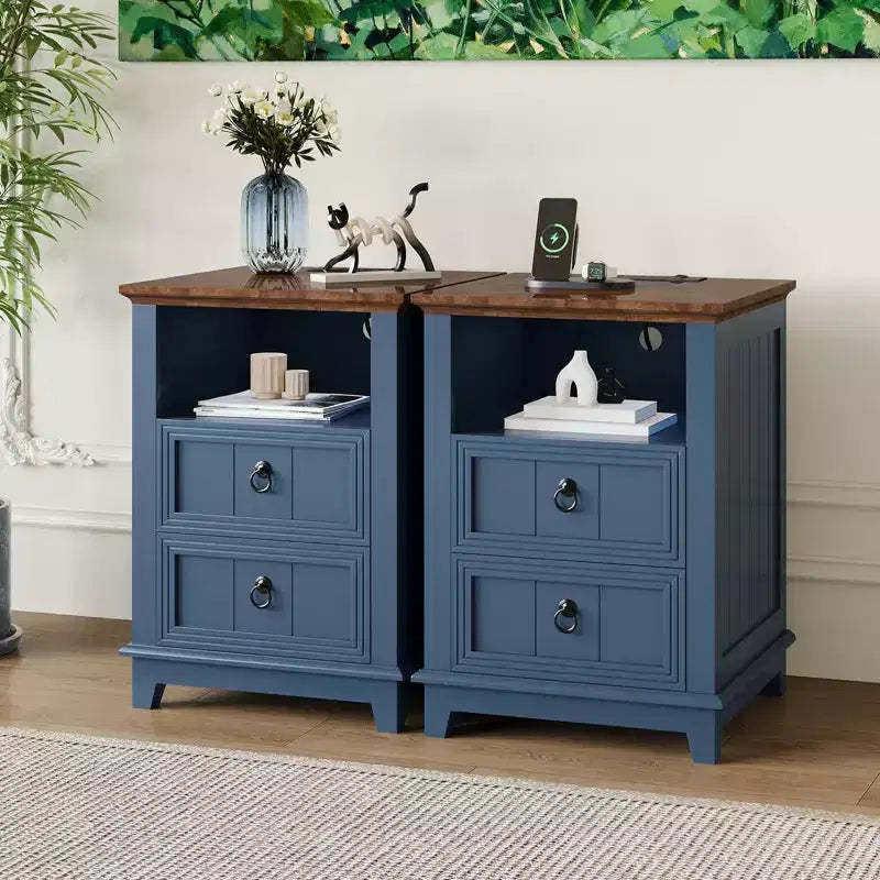 Modern Farmhouse bedside table with Charging Station, 2 Drawers & Open Shelf, for Bedroom, Living Room