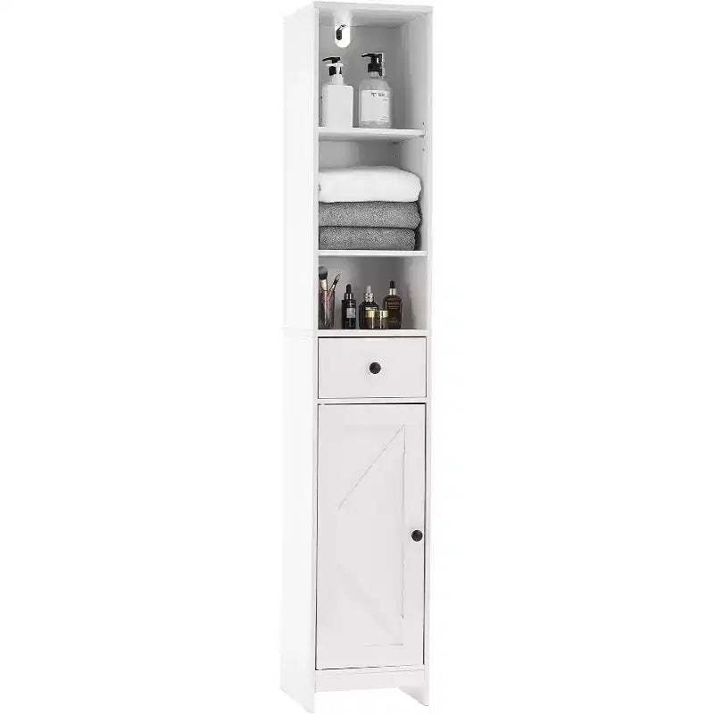 Slim 66.9 Tall Bathroom Cabinet with 3 Open Shelves. Water-Resistant, Freestanding & Space-Saving for Bathroom, Kitchen, or Hallway (White)