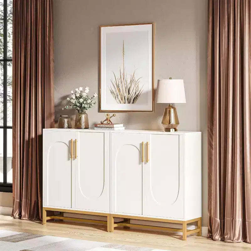 Lantine Modern White Sideboard Buffet Cabinet with 4 Doors and Adjustable Shelves