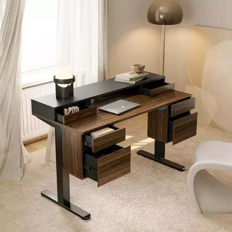 55 Inch Electric Height Adjustable Stand Up Desk with Storage, Standing Desk with 6 Drawers, Computer Home Office Workstation with Monitor Stand