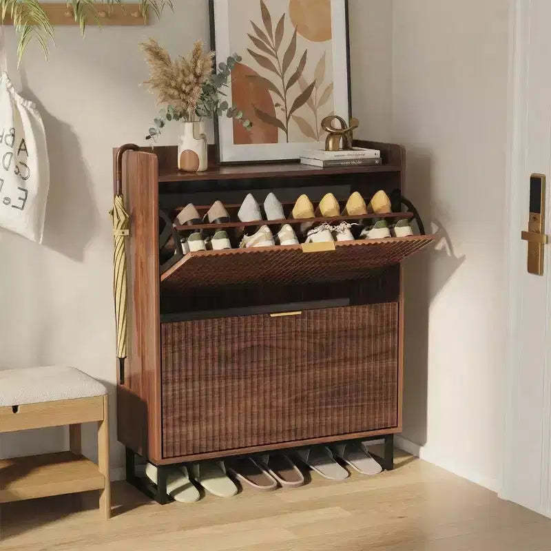 Narrow Fluted Shoe Cabinet with 2 Flip-Doors, Wood Hidden Storage Organizer in Walnut for Entryway (11.8 Deep)