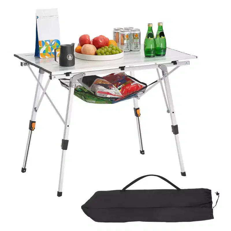 Folding Camping Table Roll Up Aluminum Outdoor Table with Adjustable Height Mesh Shelf and Carry Bag