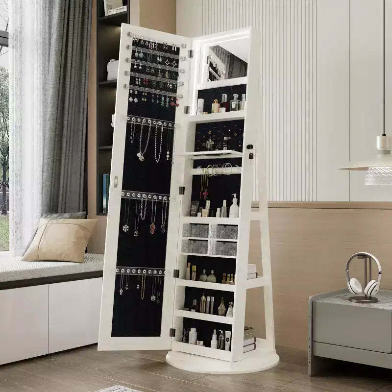 JVNOXK 360 Rotating Vertical Jewelry Cabinet Storage Rack 360 Rotating Jewelry Cabinet with Full-Length Mirror Lockable Storage Cabinet White