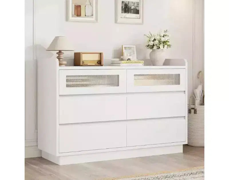 6-Drawer Dresser for Bedroom | 47.2 Wooden Closet Storage Chest with 2 Glass Drawers for Hallway, Entryway & Organization