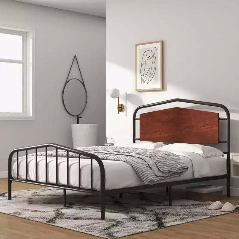 Full Size Bed Frame with Wooden Headboard and Footboard, Heavy Duty Platform Bed with Under-Bed Storage, Solid Metal Construction, Easy Assembly
