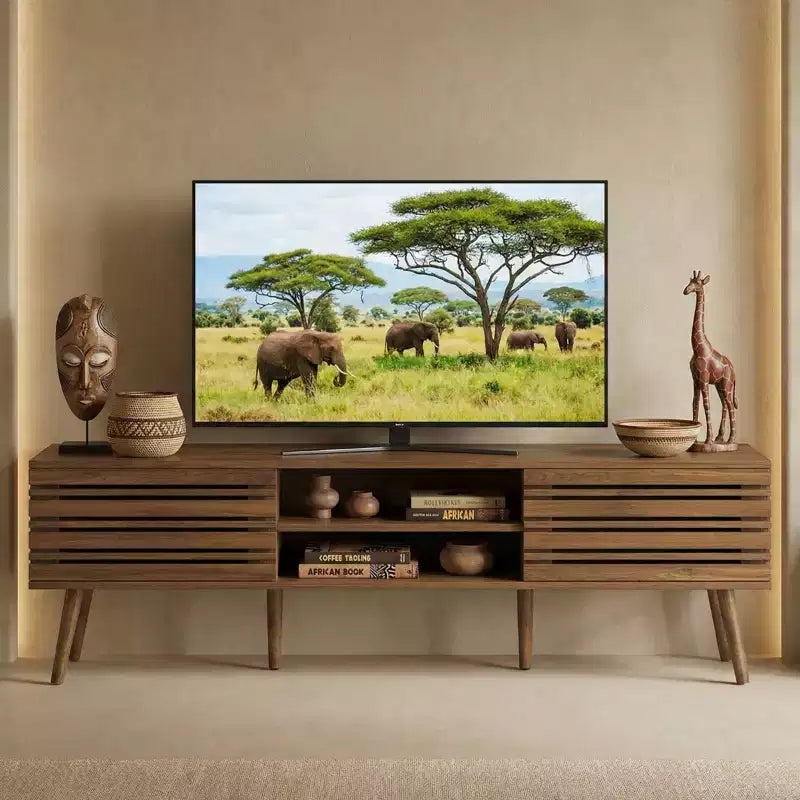 JVNOXK Medieval-inspired modern TV stand, suitable for TVs under 70 inches, featuring storage compartments Wood-grain TV stand, for the living room