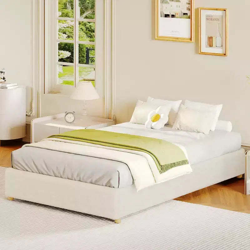 Minimalist Cloud Bed Frame, Boucle / Corduroy Upholstered Low Platform Bed, Wood Legs, No Box Spring Needed