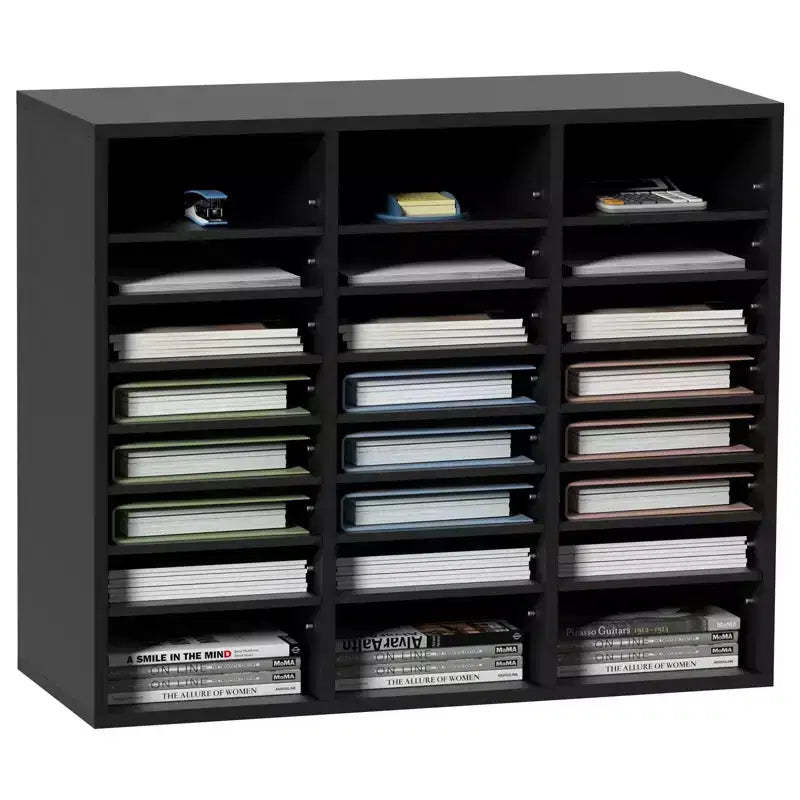 Wood Literature Organizer 24 Compartment File Sorter with Removable Shelves for Office Classroom Mail Slots Document Storage Black Finish