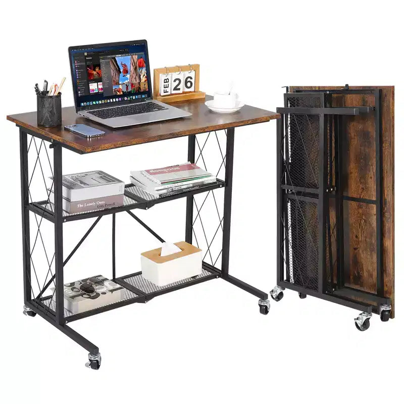 31.5'' Foldable Desk with Wheels, 3 Tier Mobile Computer Desk with Open Shelves, No-Assembly Wooden Writing Work for Office Bedroom Living Room