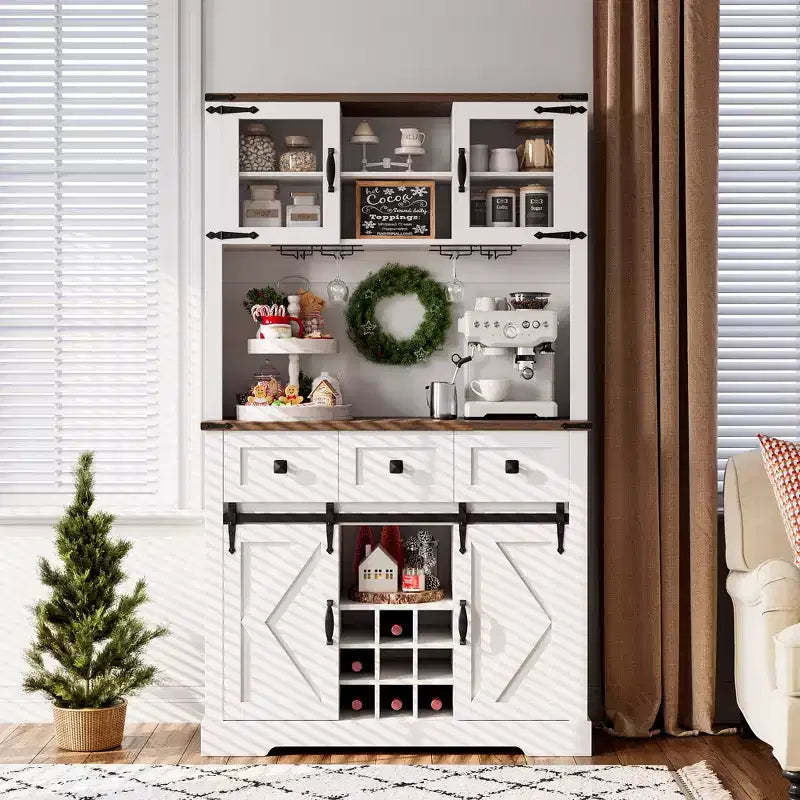 CuisinSmart Farmhouse Bar Cabinet with Sliding Barn Door, Kitchen Buffet Hutch, 3 Drawer Rustic Sideboard for Living Room, Coffee Bar, Pure