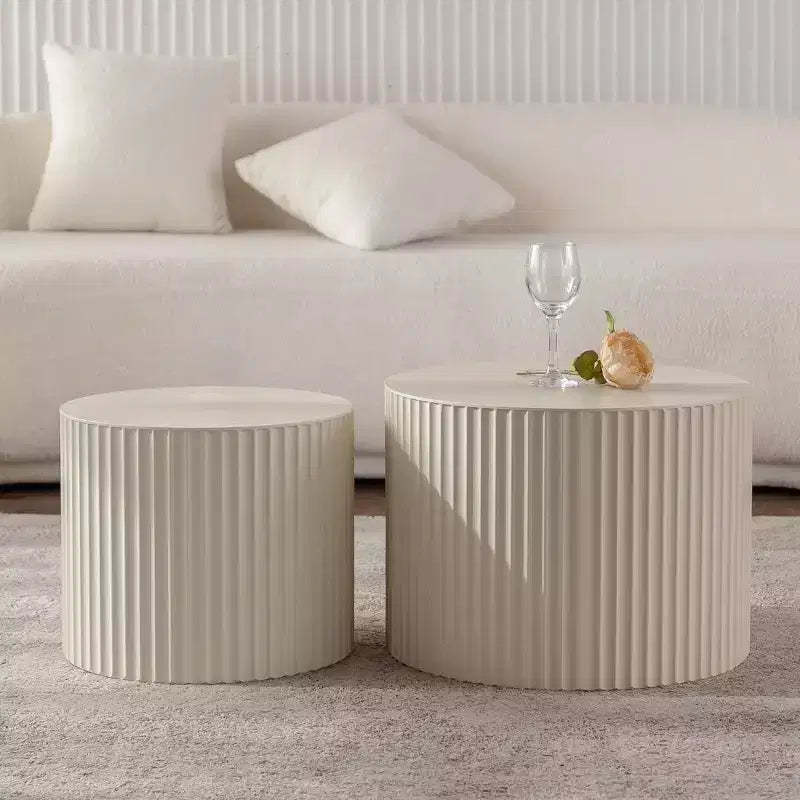 Round Wood Coffee Table with Handcrafted Relief Design for Small Spaces, No Assembly Required