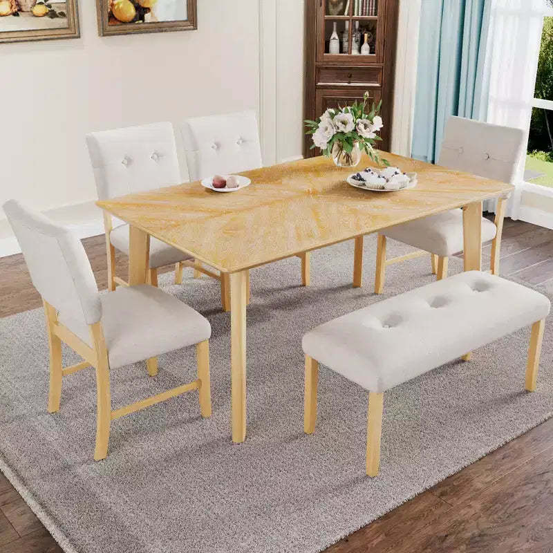 6-Piece Rustic Farmhouse Dining Set with Table, 4 Chairs, and Bench, for 6 Persons, Easy Assembly