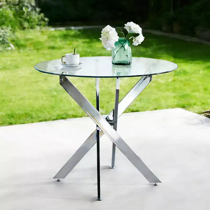 Dining Table with Cross Metal Leg and Tempered Glass Top, Modern Space-Saving Design for Kitchen or Living Room