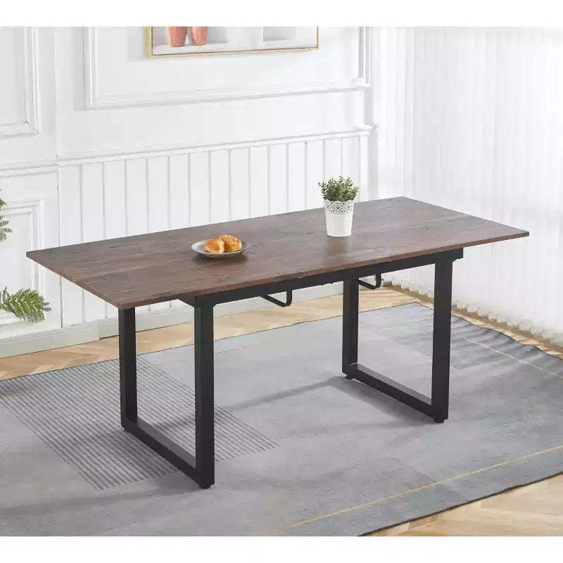 Square Extendable Dining Table with Metal Leg and MDF Top, 55.11/70.86x31.5x29.5 inches, Adjustable Length, Walnut Finish