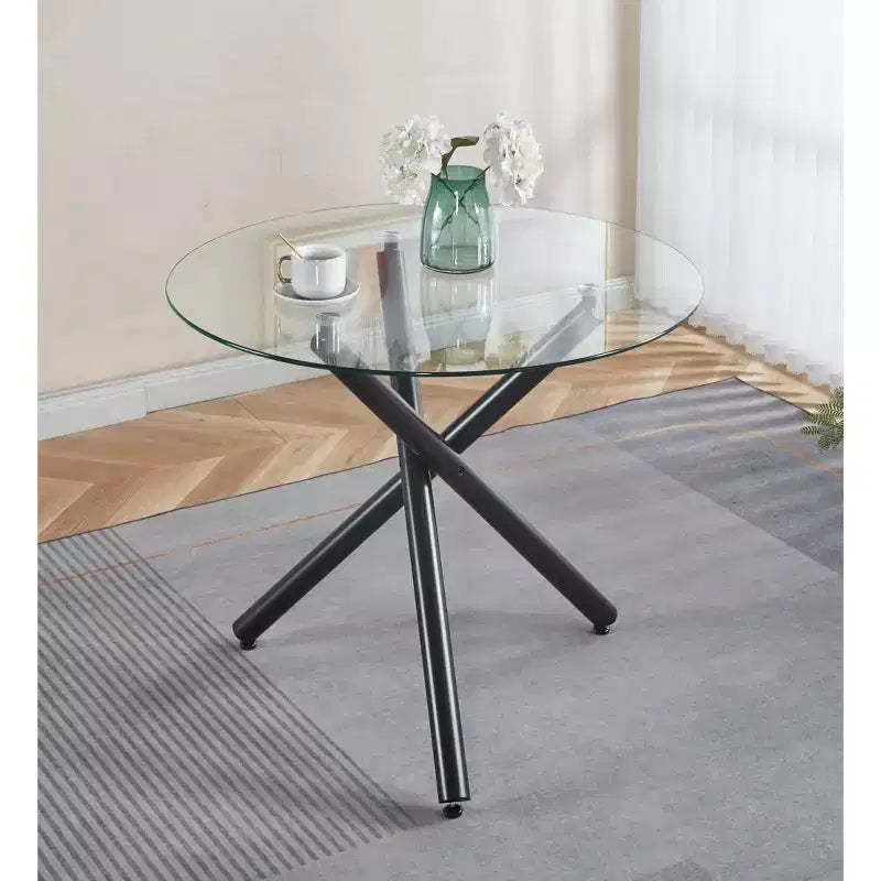 Round Dining Table with Black Metal Leg and Tempered Glass Top, Modern Space-Saving Design for Kitchen or Living Room