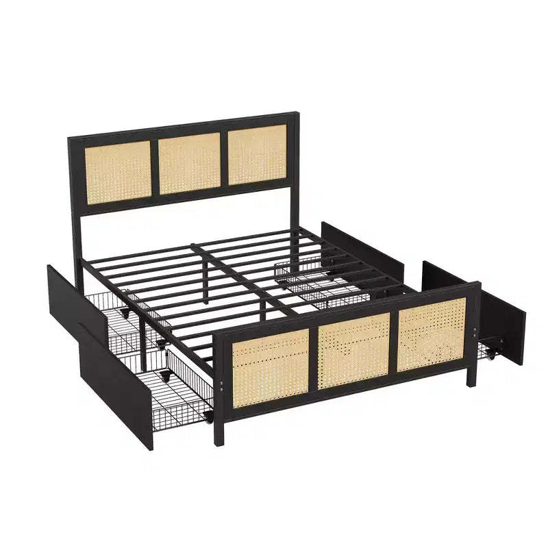 Boho Rattan Full Bed Frame  4 Large Storage Drawers  Sturdy, Noise-Free Metal Slats  No Box Spring Needed  Easy Assembly