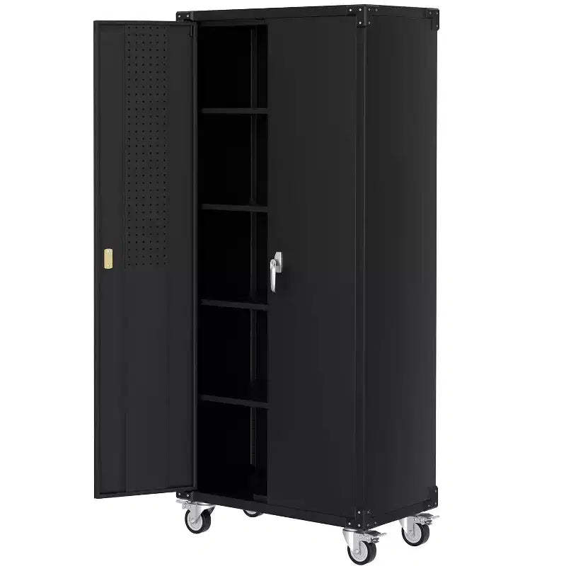 Heavy-Duty 72'' Metal Garage Storage Cabinet with Wheels - Locking Doors - 4 Adjustable Shelves - Pegboard Organizer - Mobile Tool Locker
