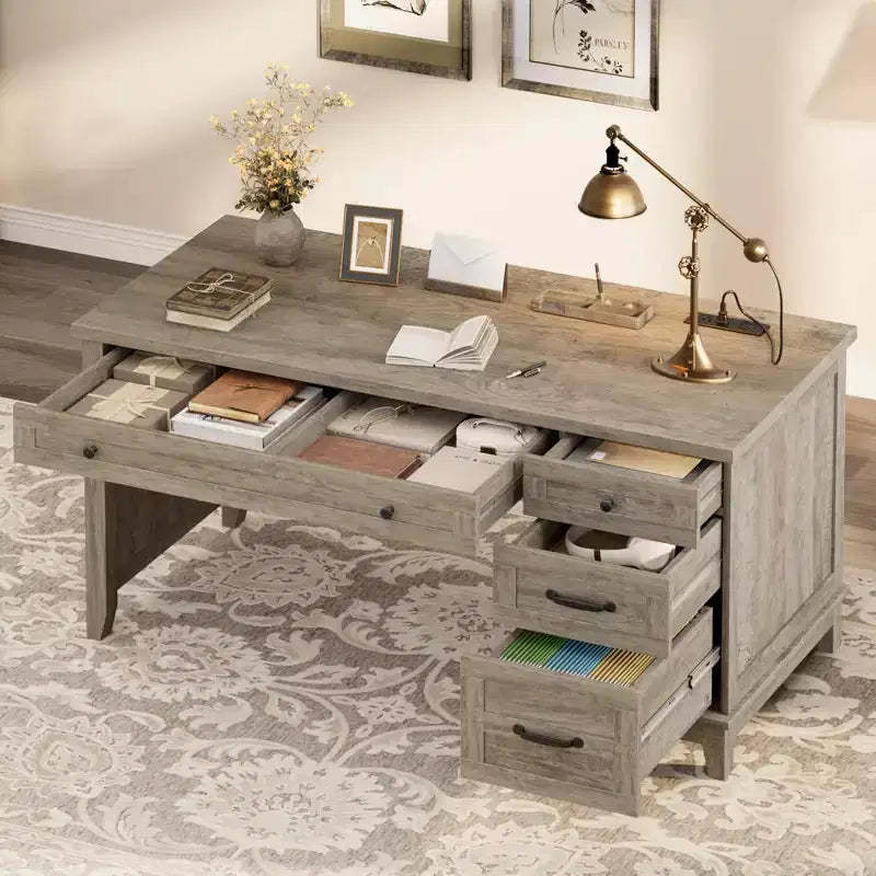 53.5 Executive Desk with 4 Drawers, Wooden Home Office Desk with File Cabinet, Farmhouse Computer Writing Desk for Study, Grey