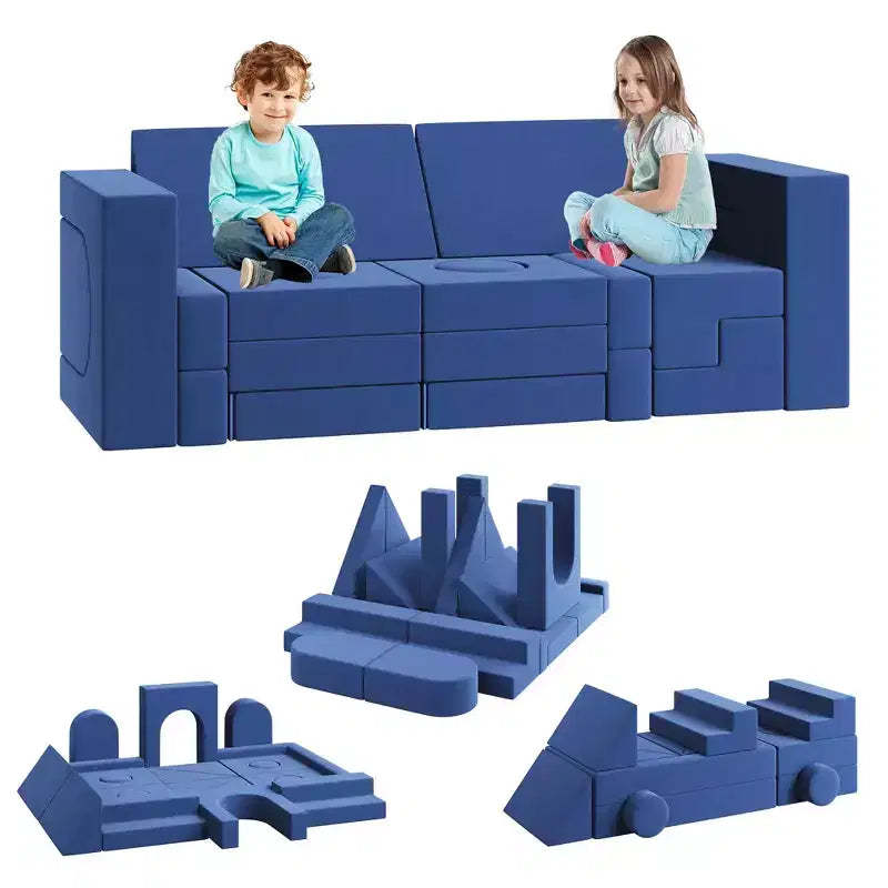 22Pcs Modular Children's Sofa Set, Convertible Block Sofa, Two-Seater Blue DIY Sofa, Suitable for Bedrooms and Playrooms