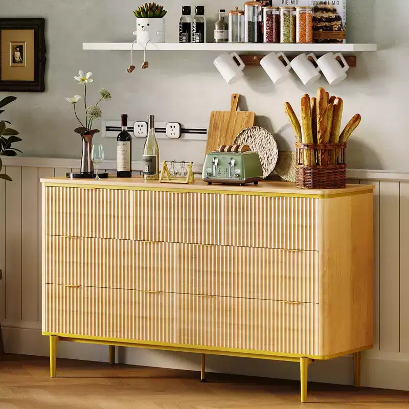 54in Wide Fluted 7 Drawer Dresser, Bedroom Storage Organizer with Gold Metal Handles and Curved Profile Design, Versatile Cabinet for Living Room