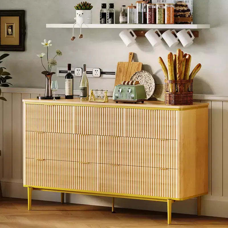 54in Wide Fluted 7 Drawer Dresser, Bedroom Storage Organizer with Gold Metal Handles and Curved Profile Design, Versatile Cabinet for Living Room