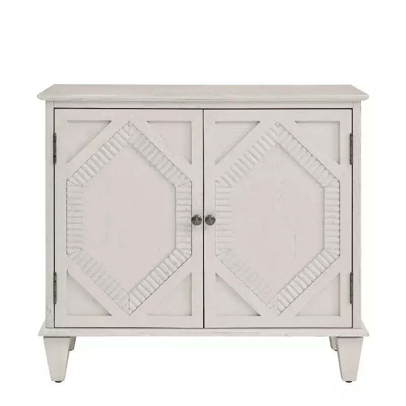 HomeRoots 34 White Wood Carved Geometric Accent Cabinet With Two Doors
