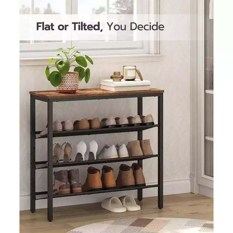 ACOINEL Shoe Rack for Entryway, 4-Tier Industrial Shoe Organizer with Adjustable Mesh Shelves, Holds 12-16 Pairs, Rustic Brown Metal Shoe Shelf