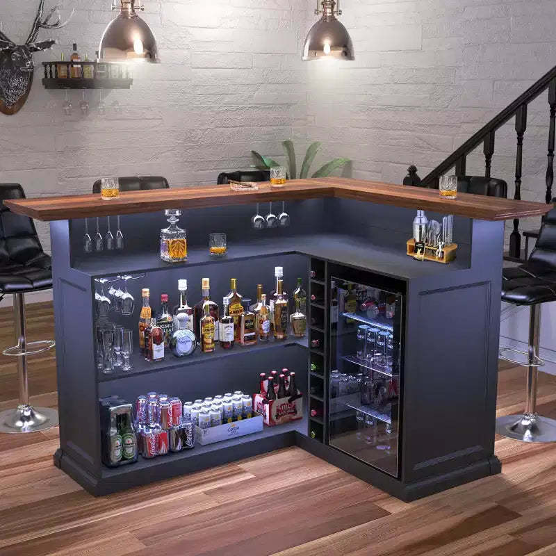 GDLF L Shaped Home Bar Cabinet with Fridge Space, Oversized Modern Basement Bar Table
