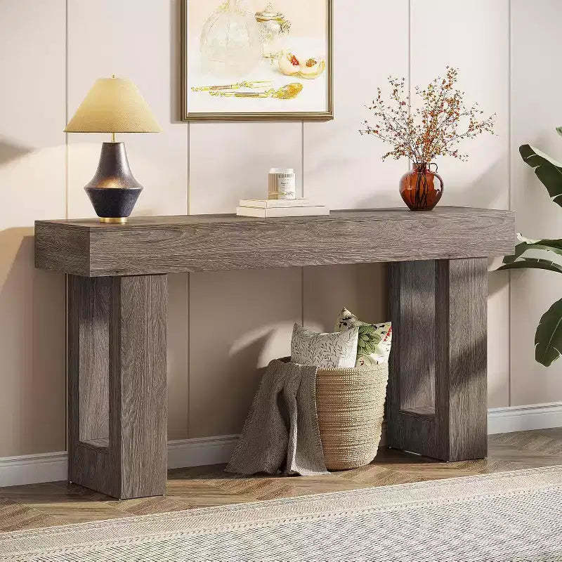 Lantine 63-Inch Long Console Table, Wooden Rectangular Sofa Table Behind Couch, Farmhouse Entryway Table for Hallway, Living Room, Grey