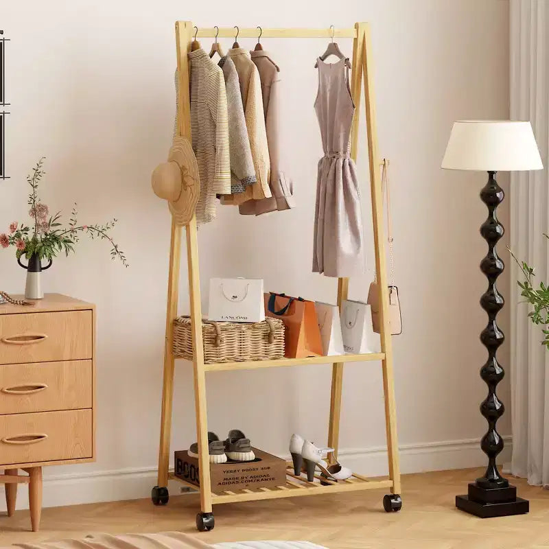 VECELO Freestanding Coat Rack, Bamboo Rolling Clothes Rack with 3-Tier Storage & A-Frame Stability  Mobile Garment Organizer for Bedroom & Entryway