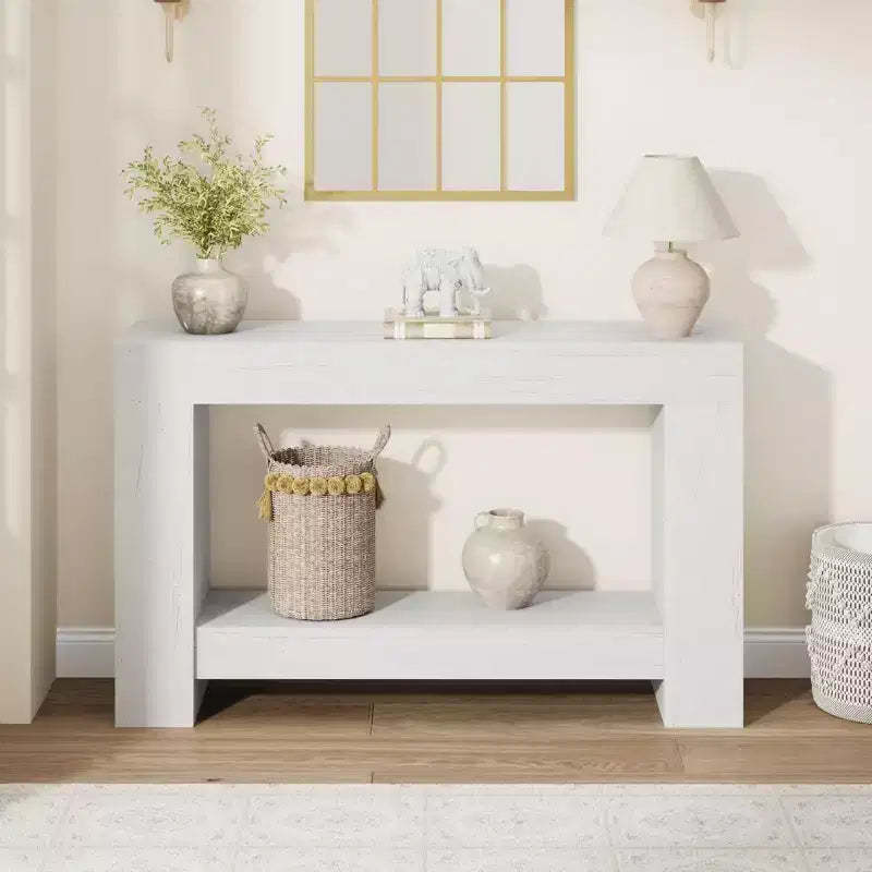 Farmhouse Console Table with Solid Base, 47 2-Tier Sofa Table for Entryway or Living Room, Rustic Wood Grain Accent Table - White