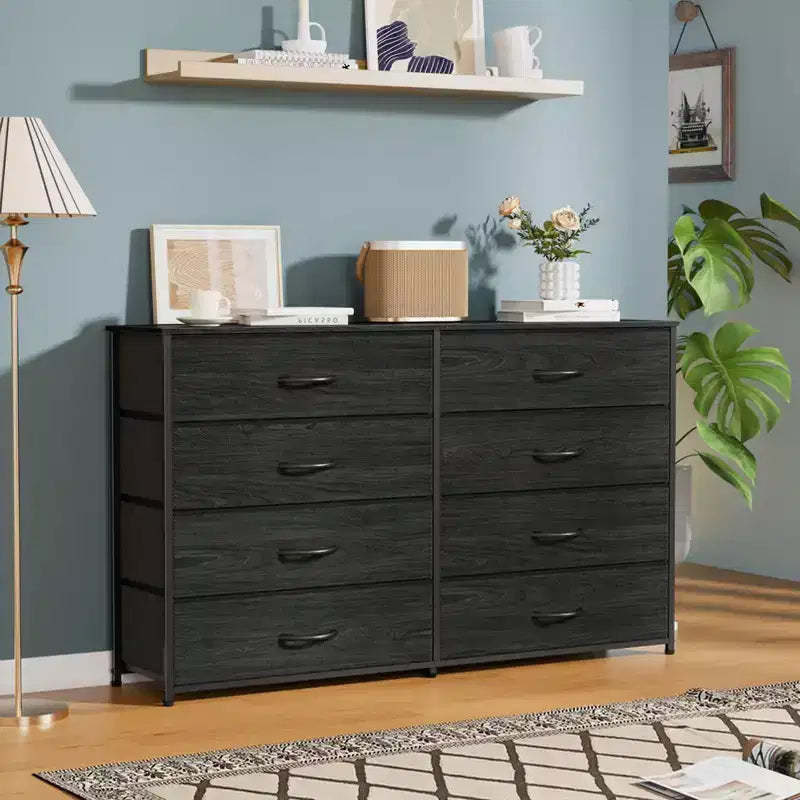Wide Fabric Dresser for Bedroom 8 Drawer Storage Chest 55 Inch TV Stand Entertainment Center Wood Top Organizer Unit Living Room Hallway Furniture