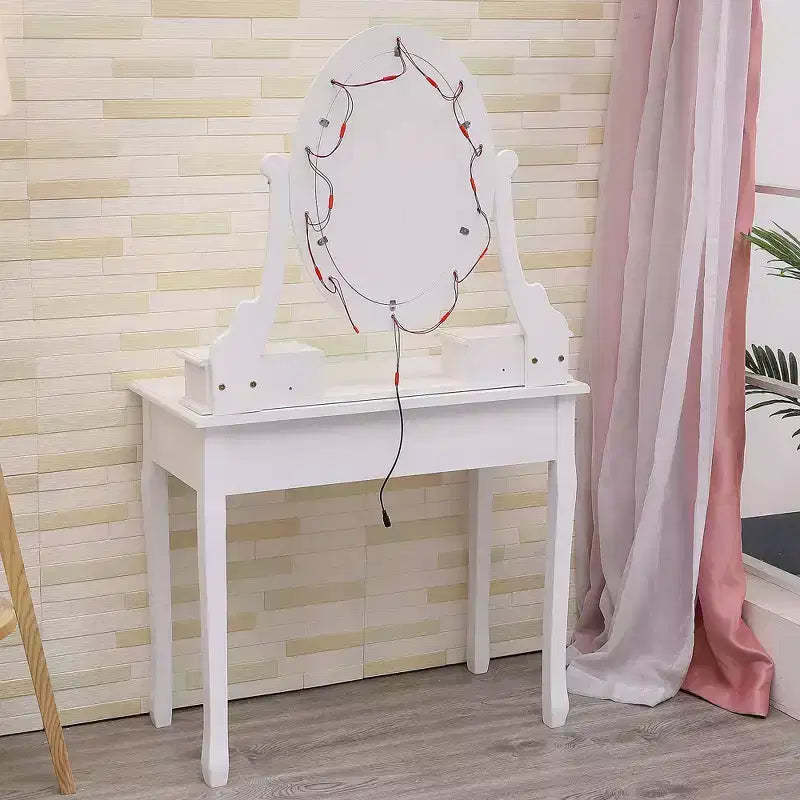 Modern vanity table with oval mirror  3-level adjustable lighting, 5 large-capacity drawers, with padded stool  bedroom makeup desk