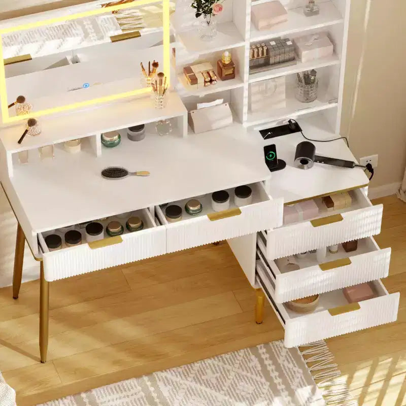 Modern dressing table with high-definition lighting mirror, five drawers, glass doors, integrated sockets, and a glass tabletopfor bedroom.