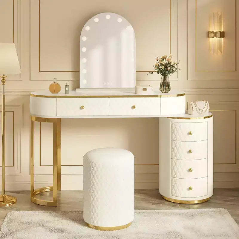 GDFStudio Aurora Modern Wood Makeup Vanity Table Set with Stool, LED Mirror and 6 PU Leather Storage Drawers