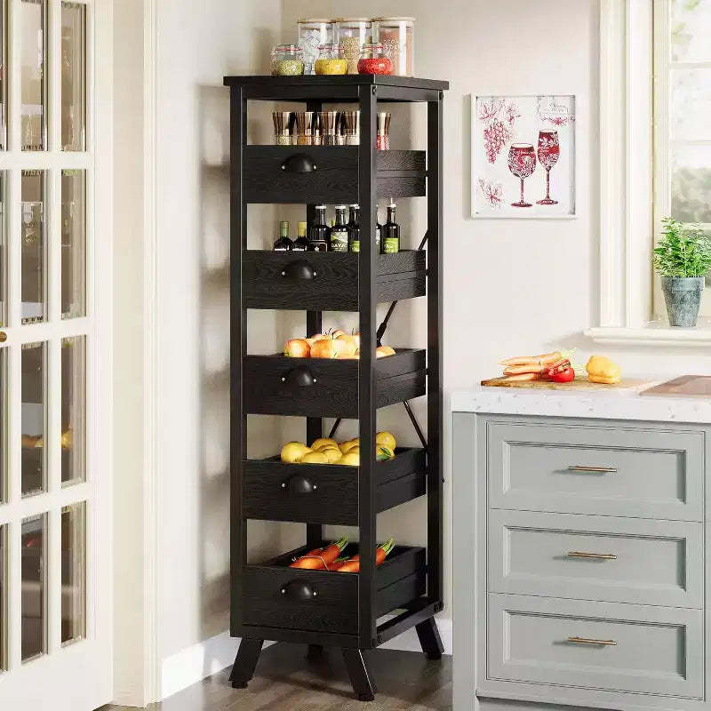 Lantine Black Wood Fruit and Vegetable Storage Rack, 5-Tier Narrow Snack Stand Kitchen Stand Fruit Basket, Pull-Out Utility Organizer for Living Room