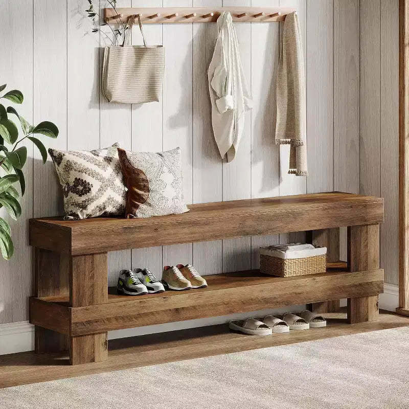 Lantine Farmhouse Entryway Bench, 59-Inch Long Shoe Bench with Open Storage Shelf, 2-Tier Narrow End of Bed Benches for Bedroom, Hallway, Living Room