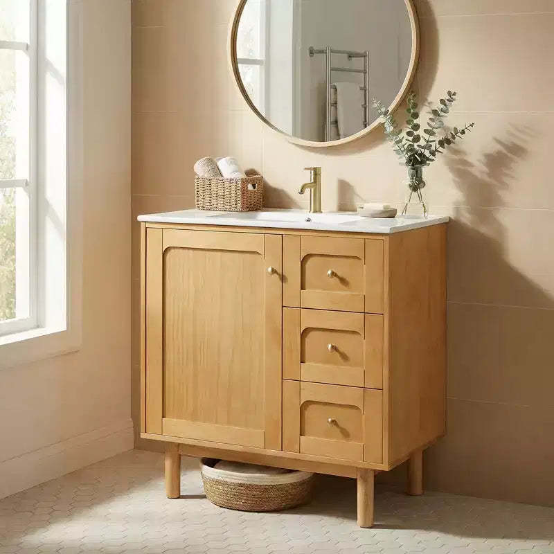 JVNOXK 30-inch Rustic Modern Ceramic Vanity Cabinet with 3 Drawers and 1 Large Soft-Close Door, Storage Cabinet, Natural Wood Grain