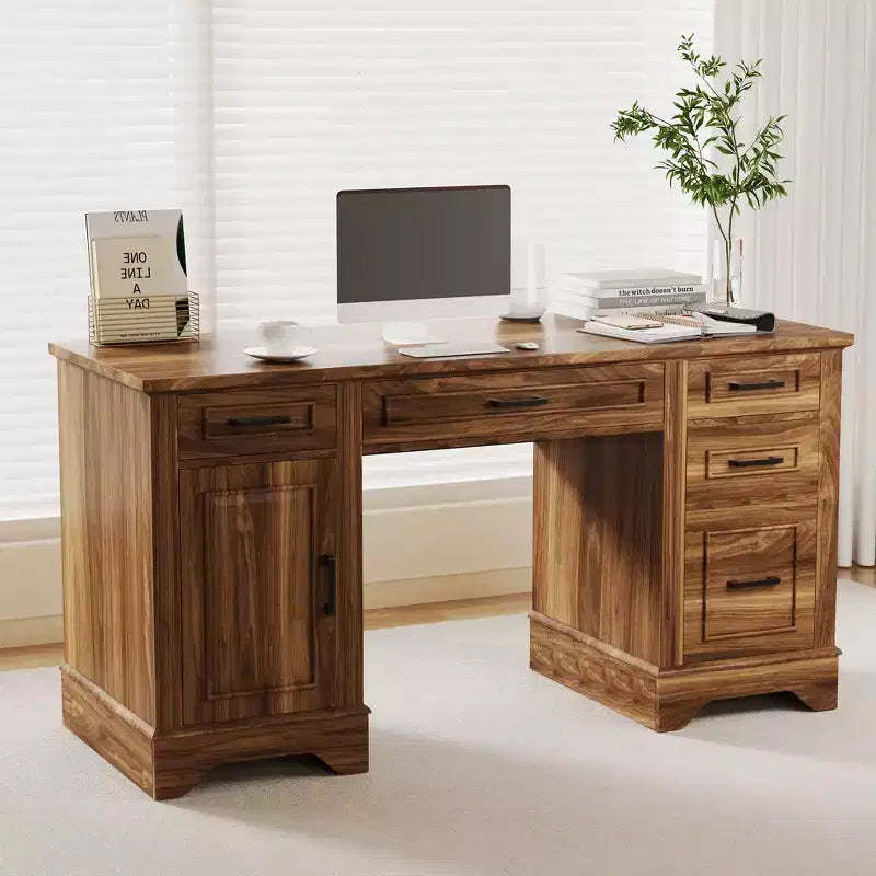 Garvee 58 Fluted Executive Desk, Home Office Desk with Keyboard Tray, 5 Embossed Texture Drawers & Storage Cabinet, Farmhouse Desk for Home Office